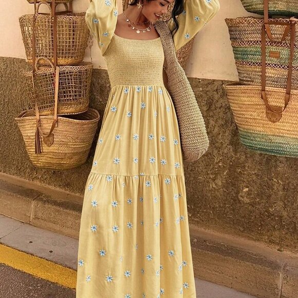 Yellow Boho Women's Long Sleeve Dress - Picture 3 of 6